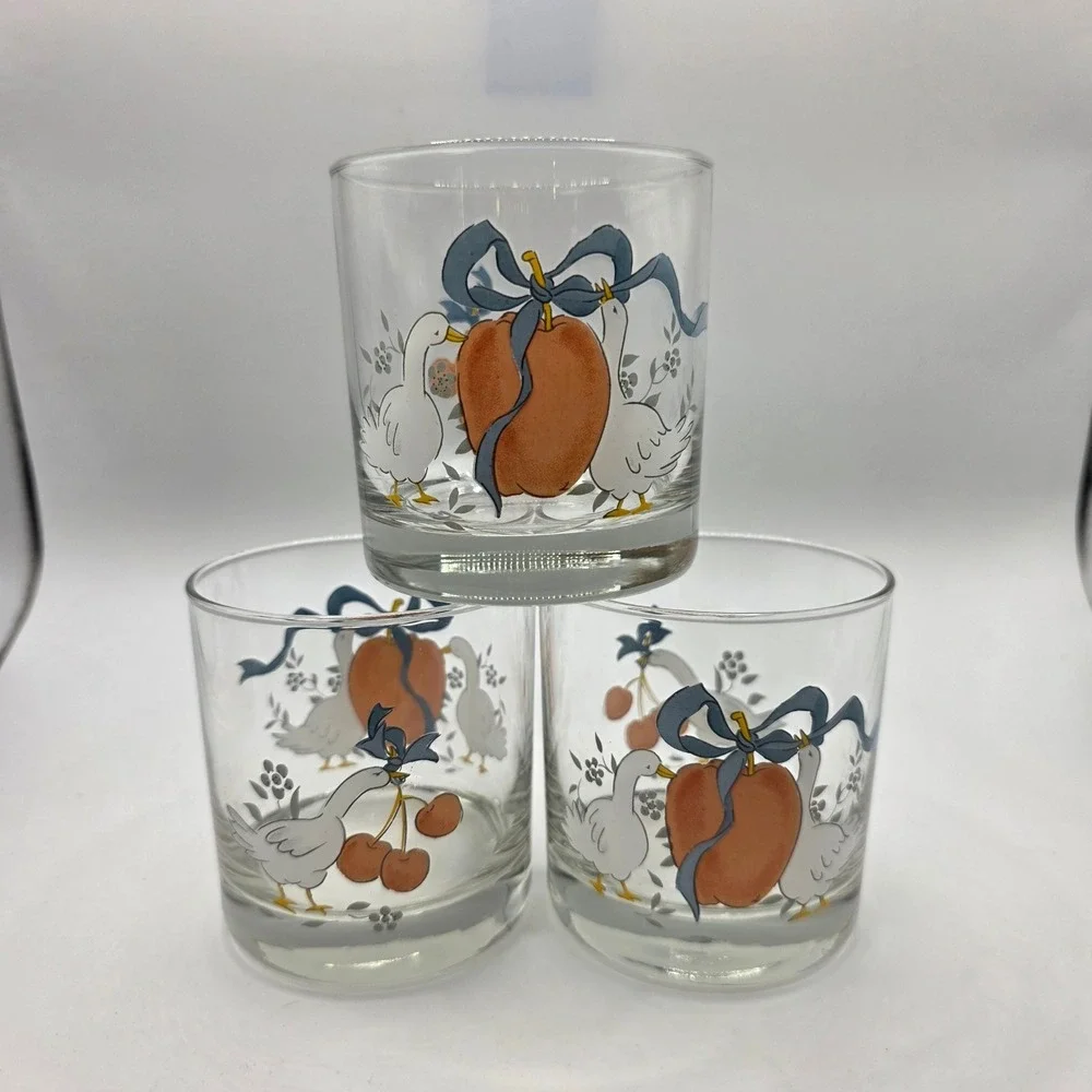 3 Vintage International China Marmalade Goose Peach Cherry Lowball Rocks Glasses